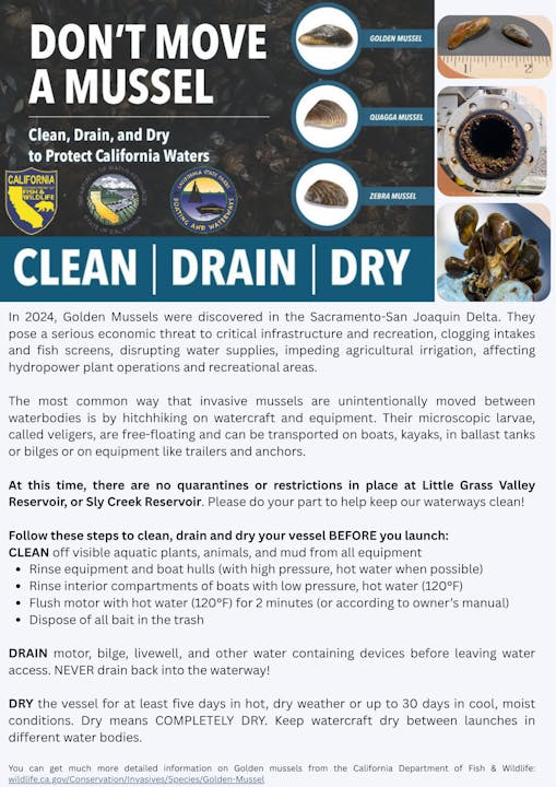 "Don't Move a Mussel" alert: Clean, Drain, Dry to protect California waters from invasive mussels. Instructions included.