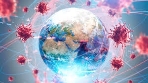 World globe with virus particles floating around it