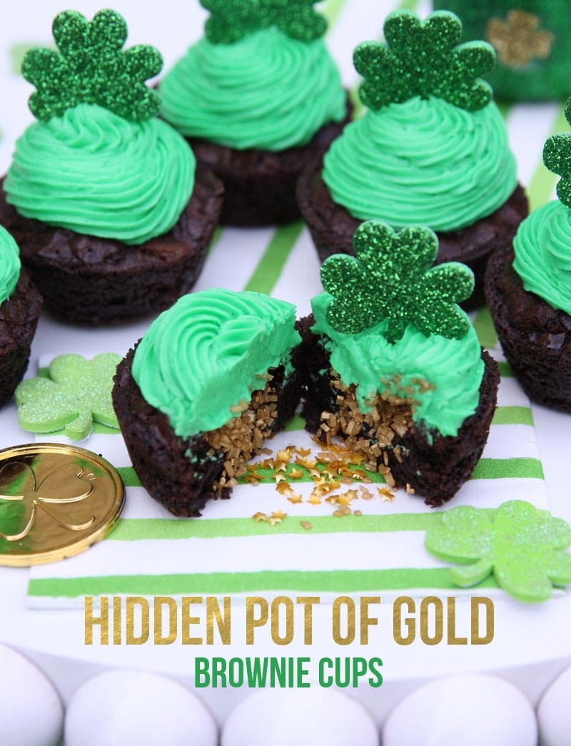 Hidden pot of gold brownie cups with green frosting