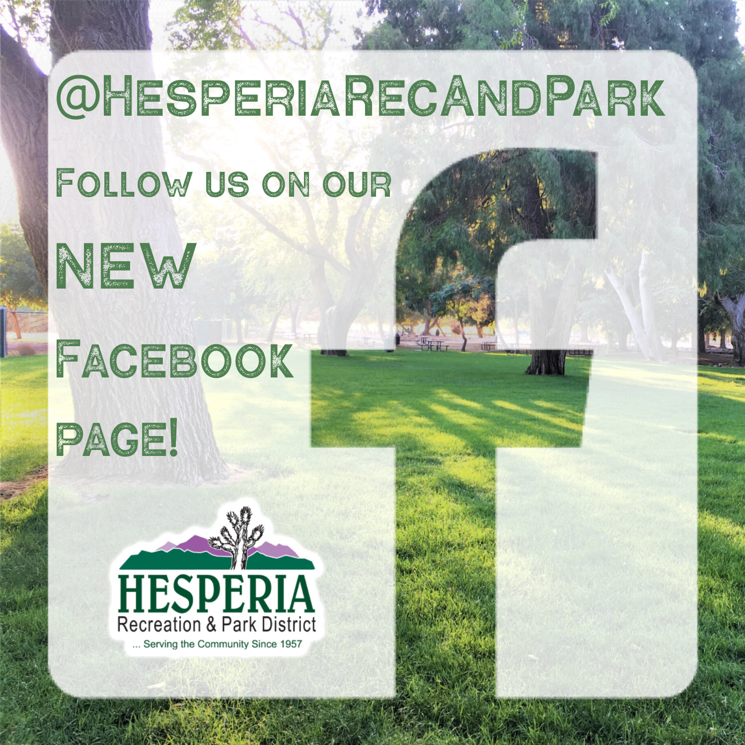 Photo of grass at Hesperia Lake Park, with the Facebook logo in front of it advertising our new Facebook page. @HesperiaRecandPark. Follow us on our new Facebook page!
