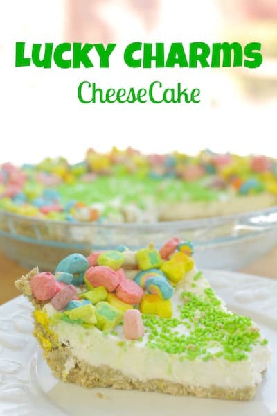 Lucky Charms cheesecake with lucky charms marshmallows on top