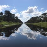 A serene river with trees on both sides, reflecting the blue sky and clouds.