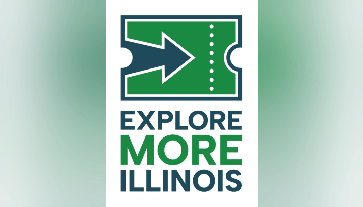 Ticket with arrow icon; text "Explore More Illinois."