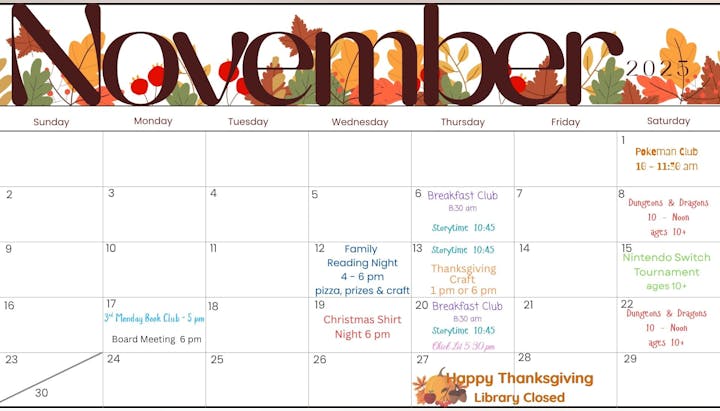 November 2025 calendar with library events: clubs, storytime, reading nights, board meeting, Thanksgiving closure.