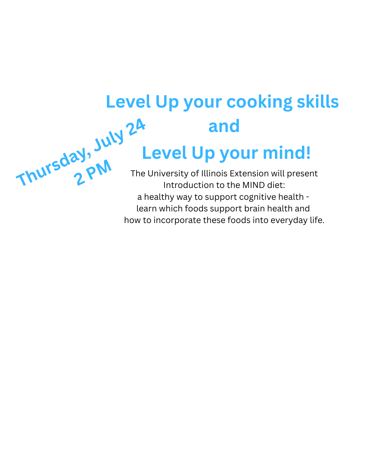 Event poster: "Level Up your cooking skills and mind!" on July 24, 2 PM, about the MIND diet by University of Illinois Extension.