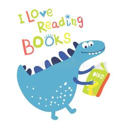 A blue cartoon dinosaur holding a book with "I Love Reading Books" written above.