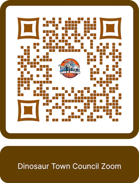 This image features a QR code for the "Dinosaur Town Council Zoom" meeting.