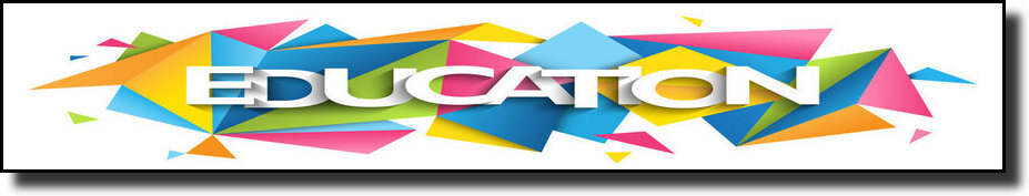 The word "EDUCATION" surrounded by colorful geometric shapes in the background.