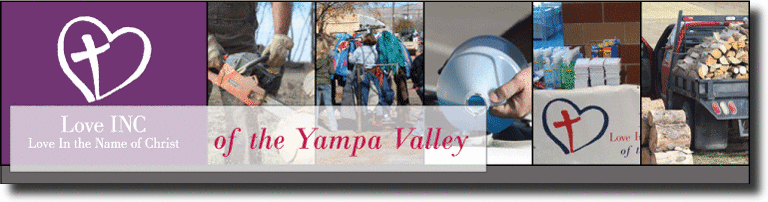 Logo for Love INC of the Yampa Valley, with images of community service, donations, and aid.