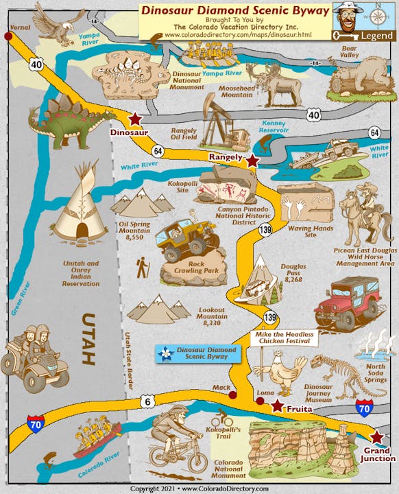 Map of Dinosaur Diamond Scenic Byway featuring attractions like dinosaur sites, parks, and trails. Includes towns, roads, and landmarks.
