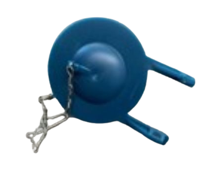 The image shows a blue float for a toilet tank, used to control water flow and refill after flushing.