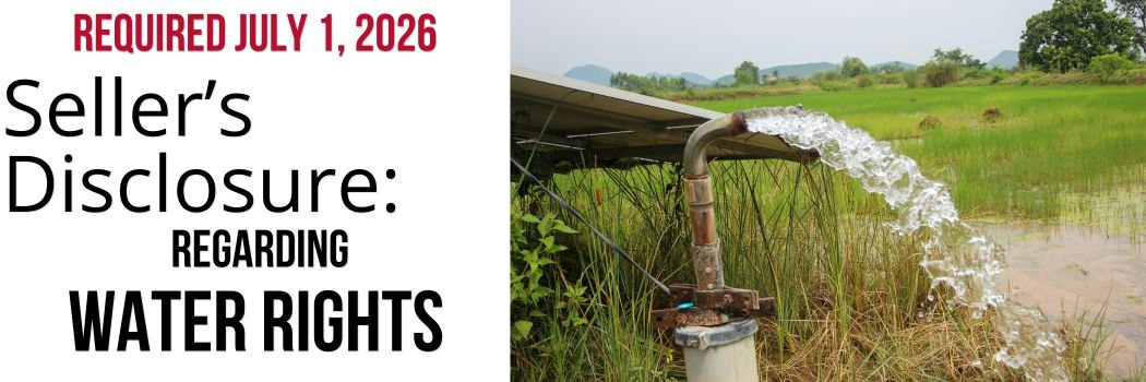 Image displays a water discharge system, indicating a seller's disclosure on water rights, effective July 1, 2026.