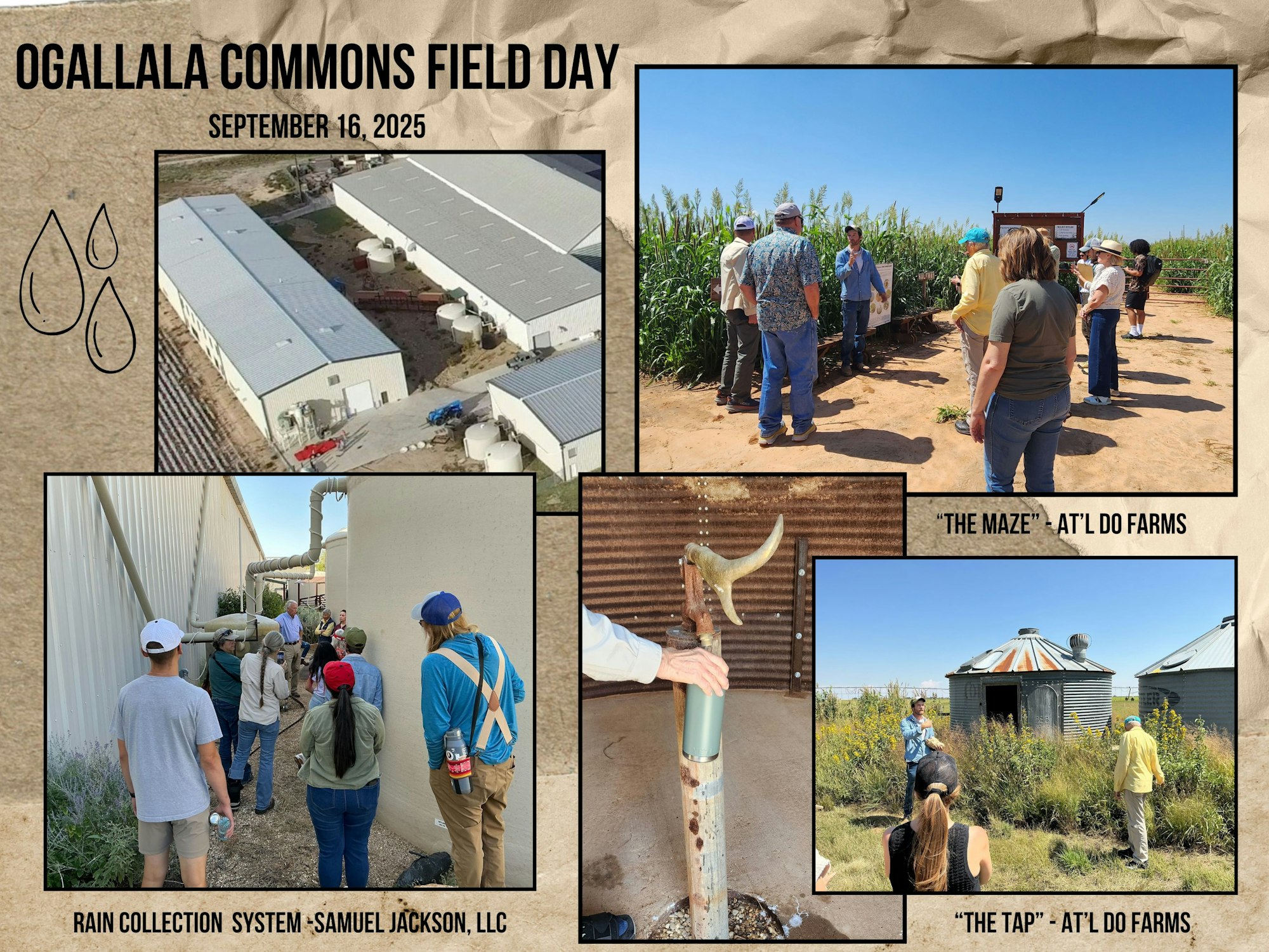 Collage of Ogallala Commons Field Day 2025: farm tour, rain collection, corn maze, water system, and group discussions.