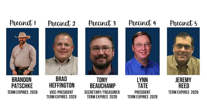 Five portraits labeled by precinct with names, roles, and term expiration: 2026 and 2028.