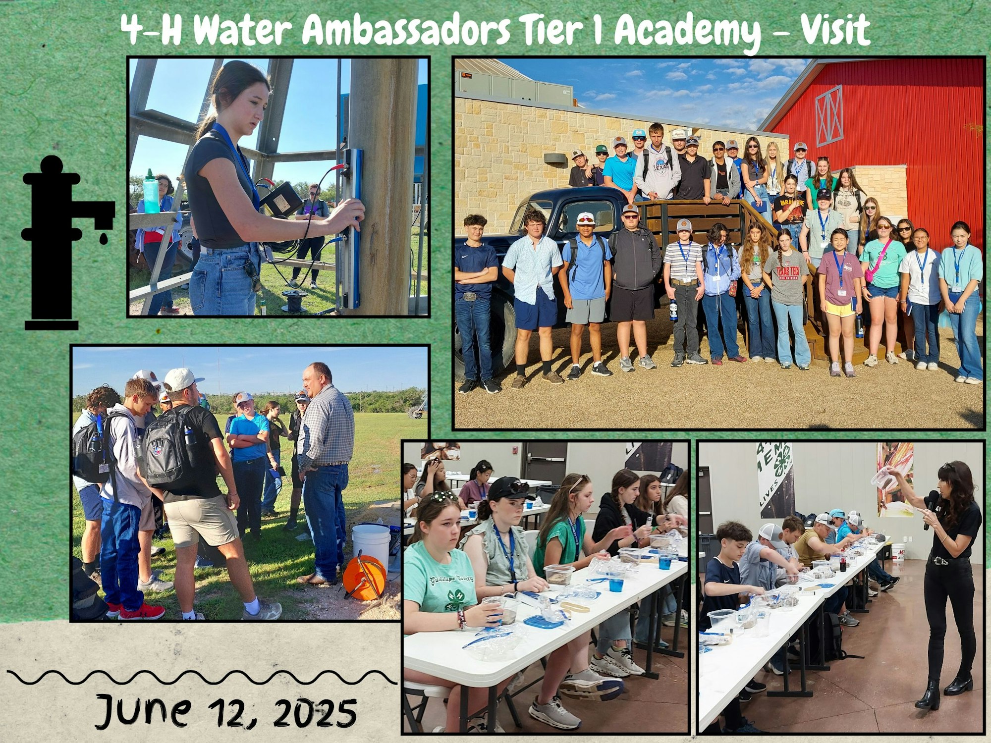 4-H Water Ambassadors Tier 1 Academy event with group activities, a center pivot demonstration, and indoor learning aquifer kit activity on June 12, 2025.
