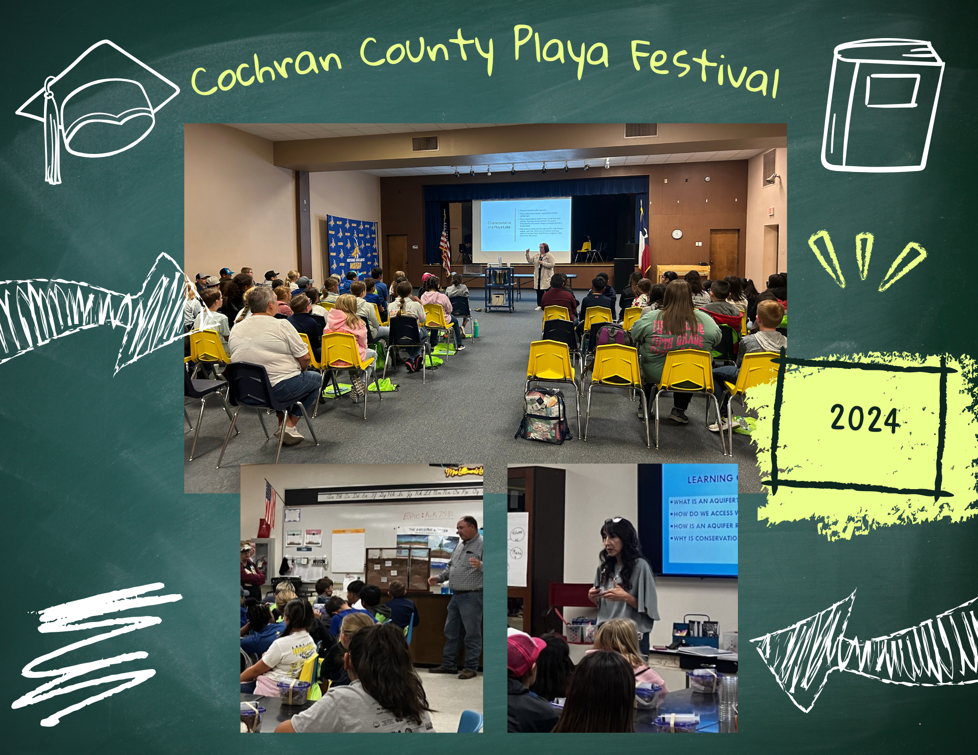 A collage showing educational sessions with audiences attending presentations indoors, with a 'Cochran County Playa Festival 2024' theme.