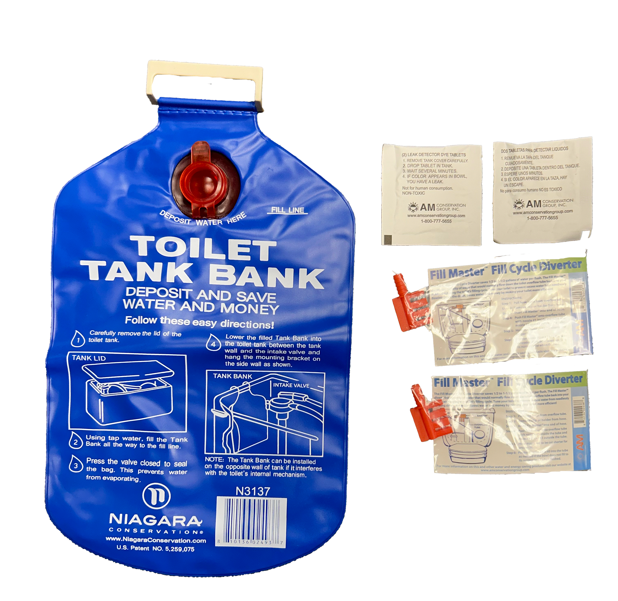 A blue "Toilet Tank Bank" water-saving device with instructions and a "Fill Cycle Diverter" to reduce water use in toilets.
