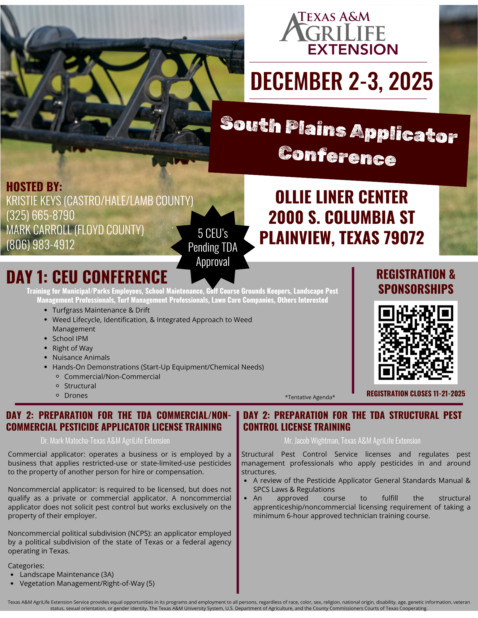 South Plains Applicator Conference, Dec 2-3, 2025, Plainview, Texas. Training and CEUs for pest management. Registration by 11-21-2025.