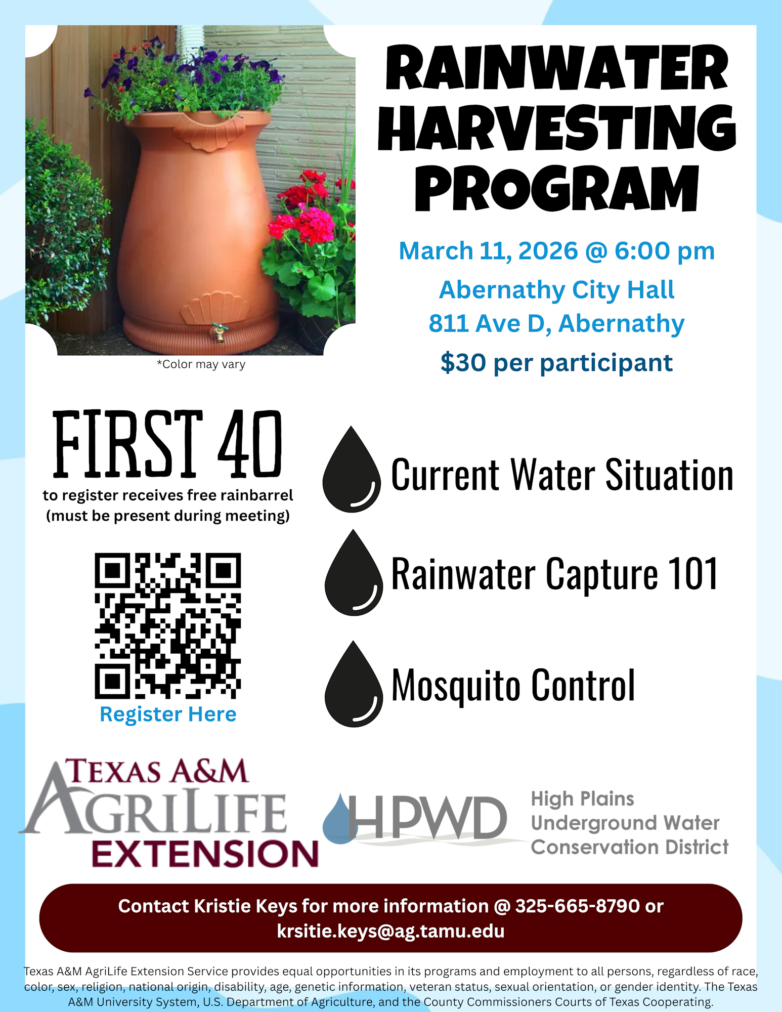 Rainwater Harvesting Program on March 11, 2026, at Abernathy City Hall. First 40 registrants get a free rain barrel. $30 fee.