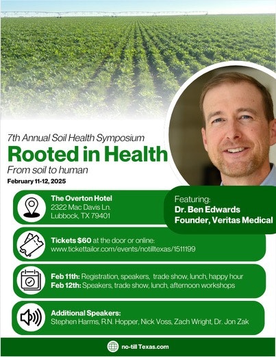 Event flyer for the "Rooted in Health" symposium, Feb 11-12, 2025, Lubbock, TX, featuring Dr. Ben Edwards. Tickets $60.