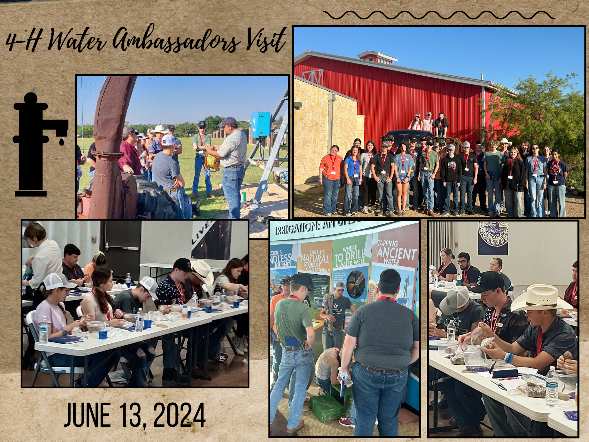 Collage of 4-H Water Ambassadors event showing group activities, learning, and a group photo dated June 13, 2024.