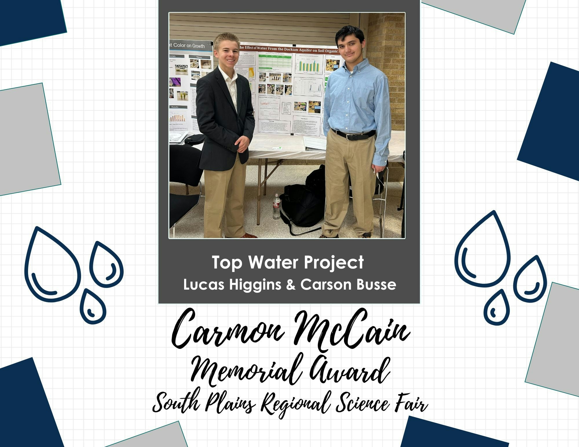 Two people present a science project winning the Carmon McCain Award at the South Plains Regional Science Fair.