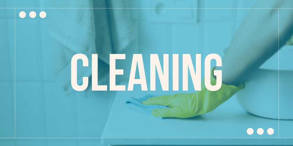 The image features a hand in a yellow glove cleaning a surface, with the word "CLEANING" prominently displayed.