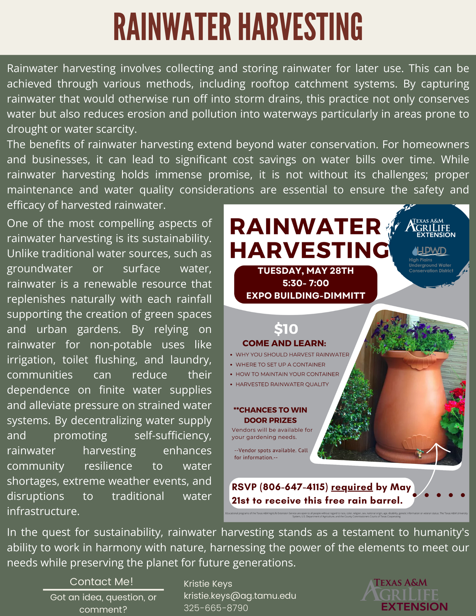 An informational poster about rainwater harvesting with RSVP details for an event.