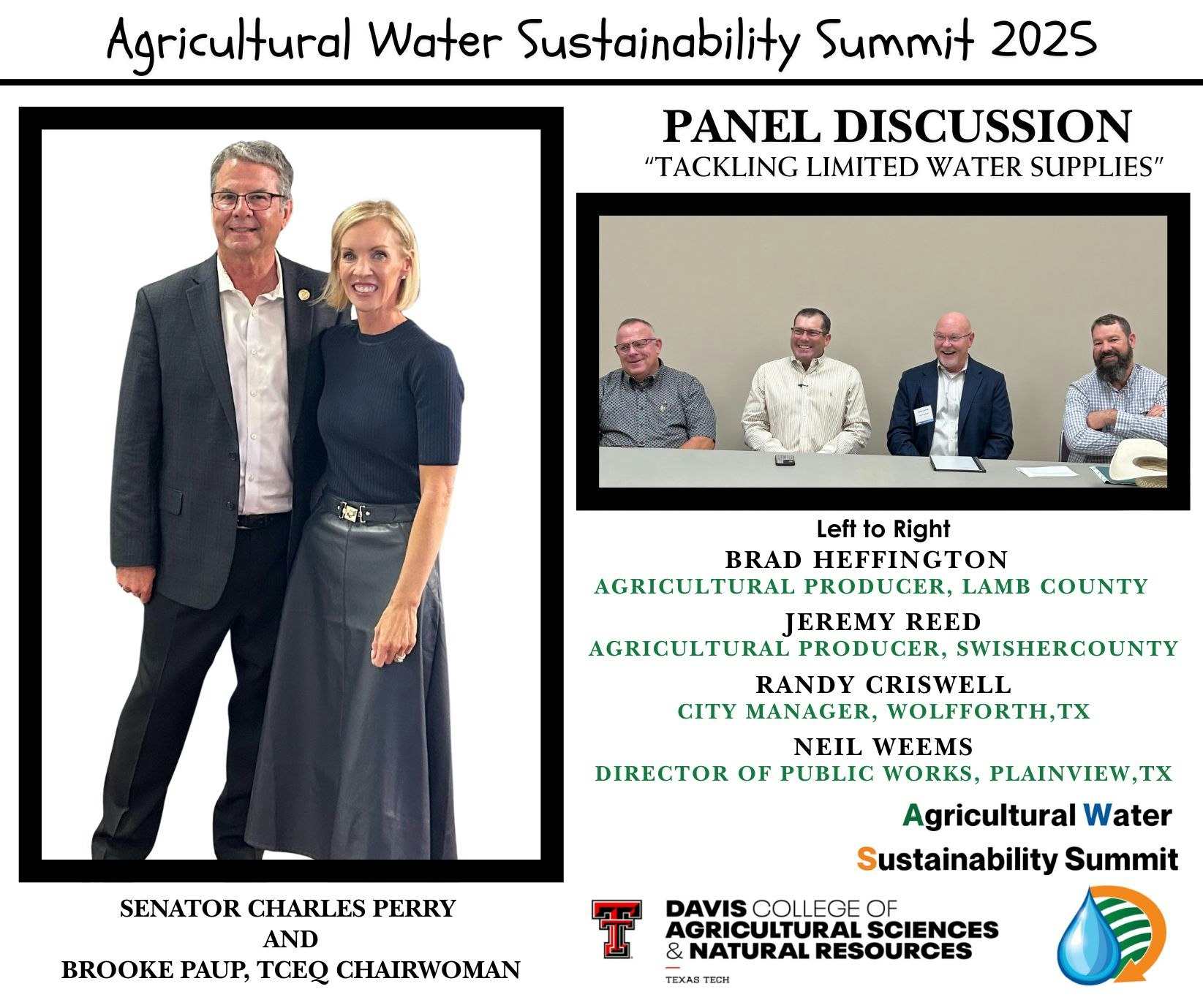Agricultural Water Sustainability Summit 2025 panel discussion on limited water supplies with various officials and experts.