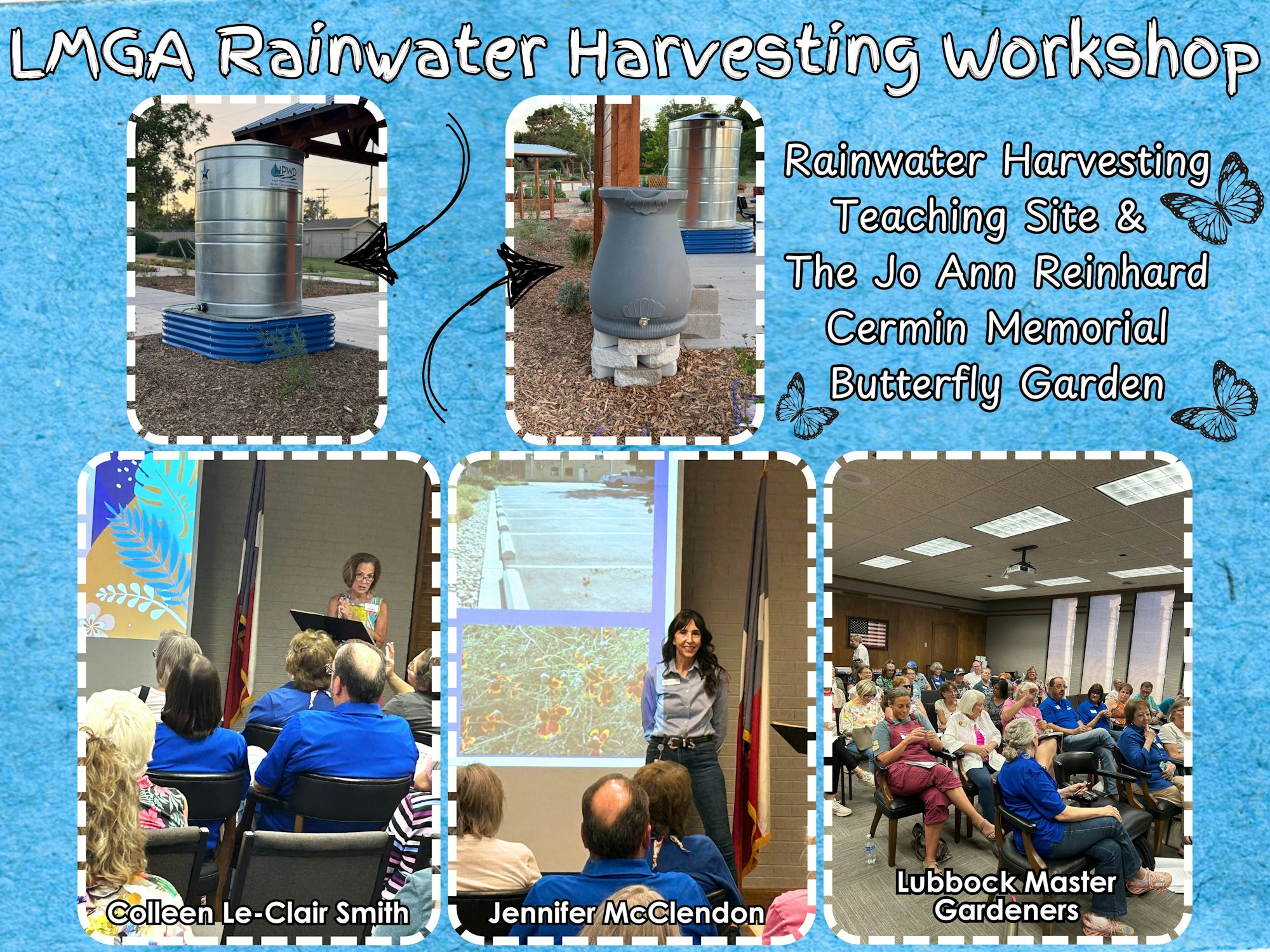 Rainwater harvesting workshop flyer with photos of tanks, speakers, and attendees, featuring Lubbock Master Gardeners.