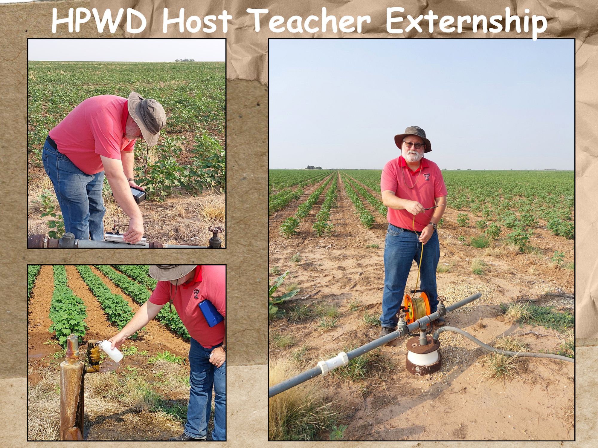 A collage of a person in fieldwork scenarios, likely related to agriculture or water management, titled "HPWD Host Teacher Externship."