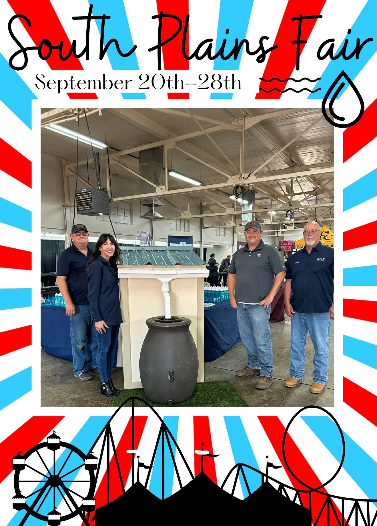 Poster for South Plains Fair with dates & three people standing in front. Ferris wheel & roller coaster graphics at bottom.