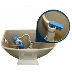 A toilet tank with a close-up of its flushing mechanism.