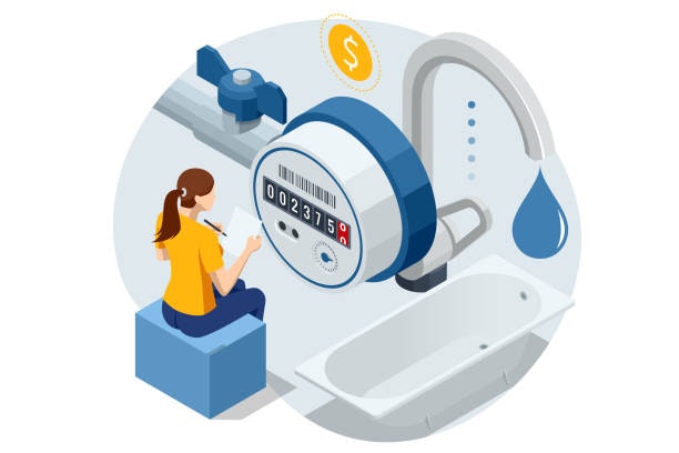 A person sits near a water meter by a faucet and bathtub, noting usage. A dollar symbol above suggests cost tracking.