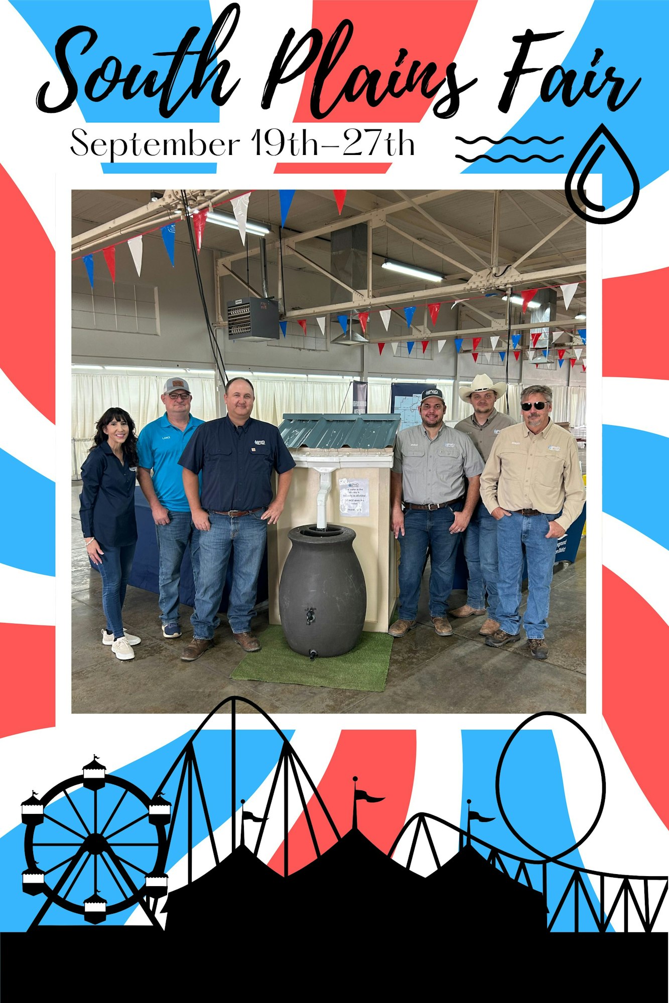 Group from HPWD staff posing at South Plains Fair, September 19-27, with Rainwater Harvesting display booth.