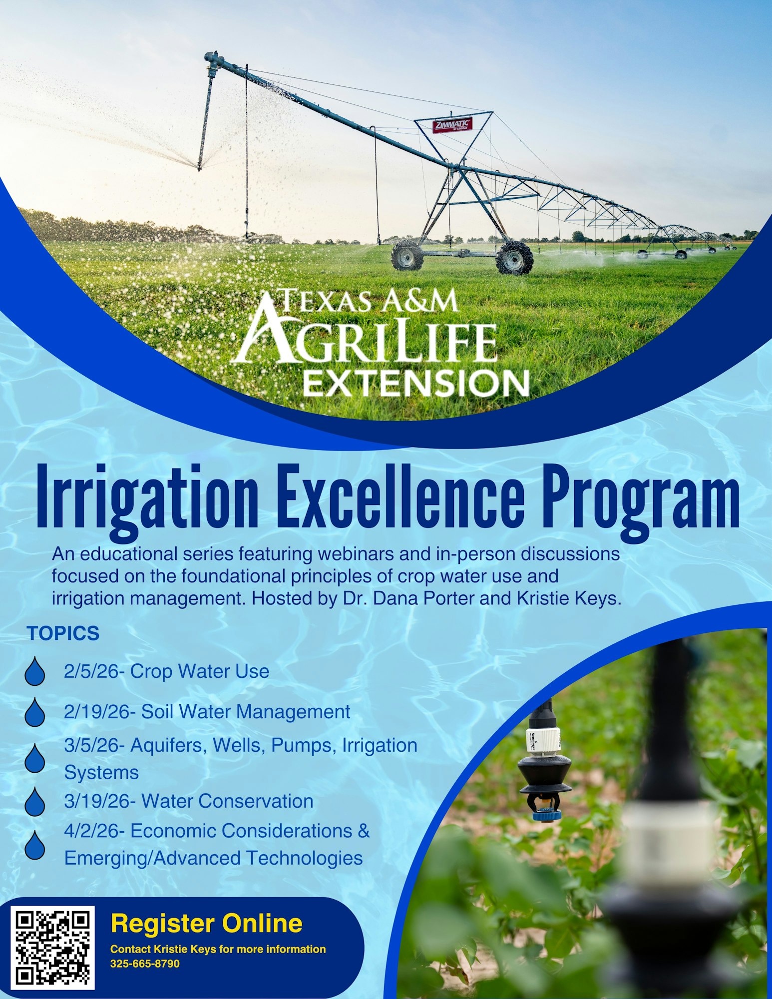 The image promotes the Texas A&M Agrilife Extension's Irrigation Excellence Program, covering key irrigation topics and events.