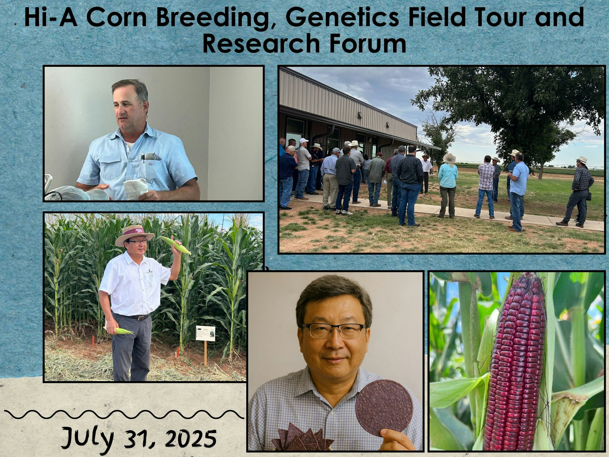 Hi-A Corn Breeding event images showing speakers, attendees outside, cornfield, and purple corn on July 31, 2025.