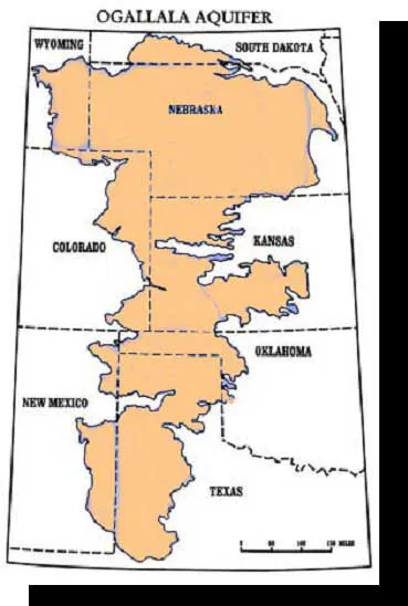 Map of the Ogallala Aquifer showing its extent across parts of eight states: Wyoming, South Dakota, Nebraska, Colorado, Kansas, Oklahoma, New Mexico, and Texas.