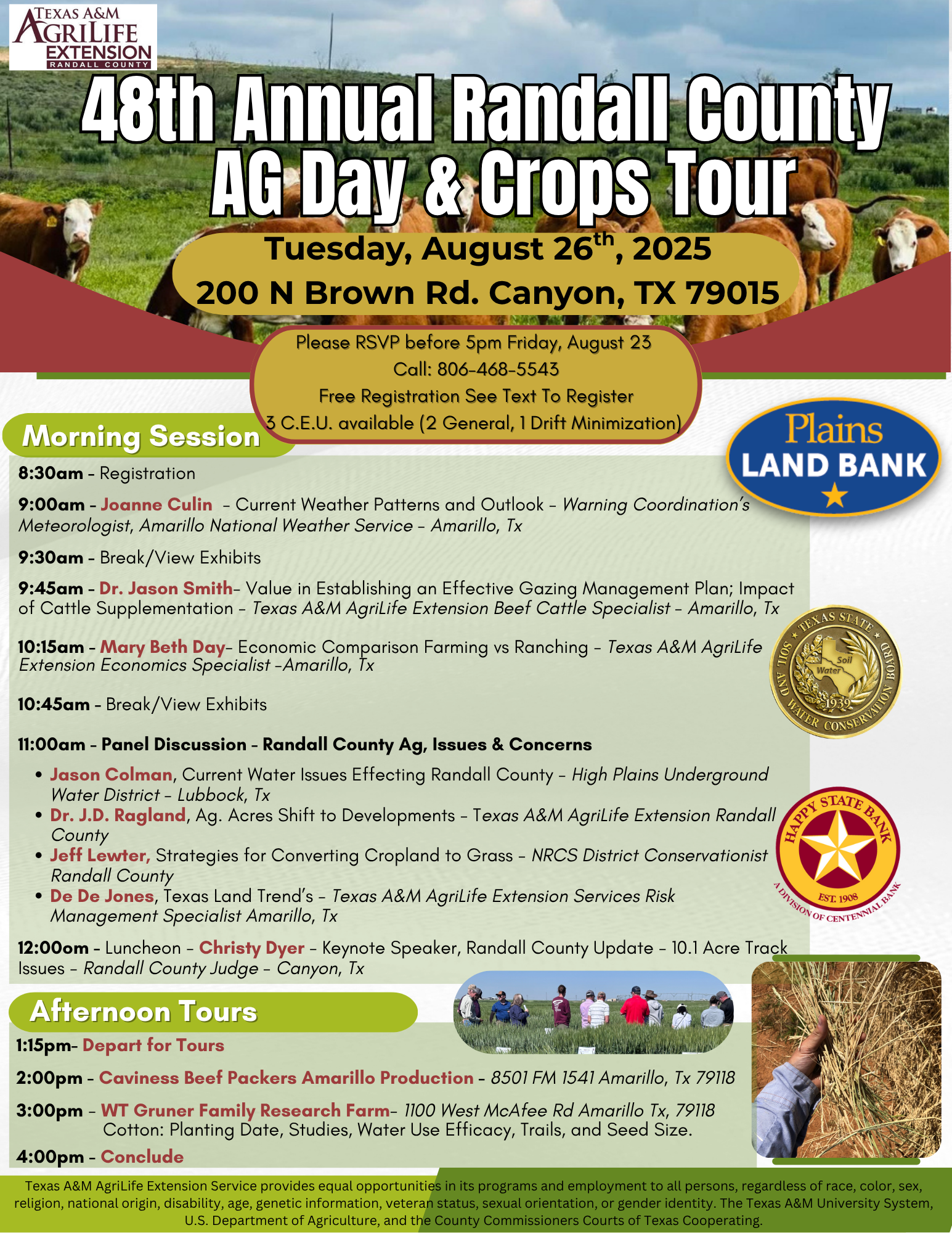 48th Annual Randall County AG Day & Crops Tour on Aug 26, 2025, including sessions, panels, tours, and lunch in Canyon, TX.