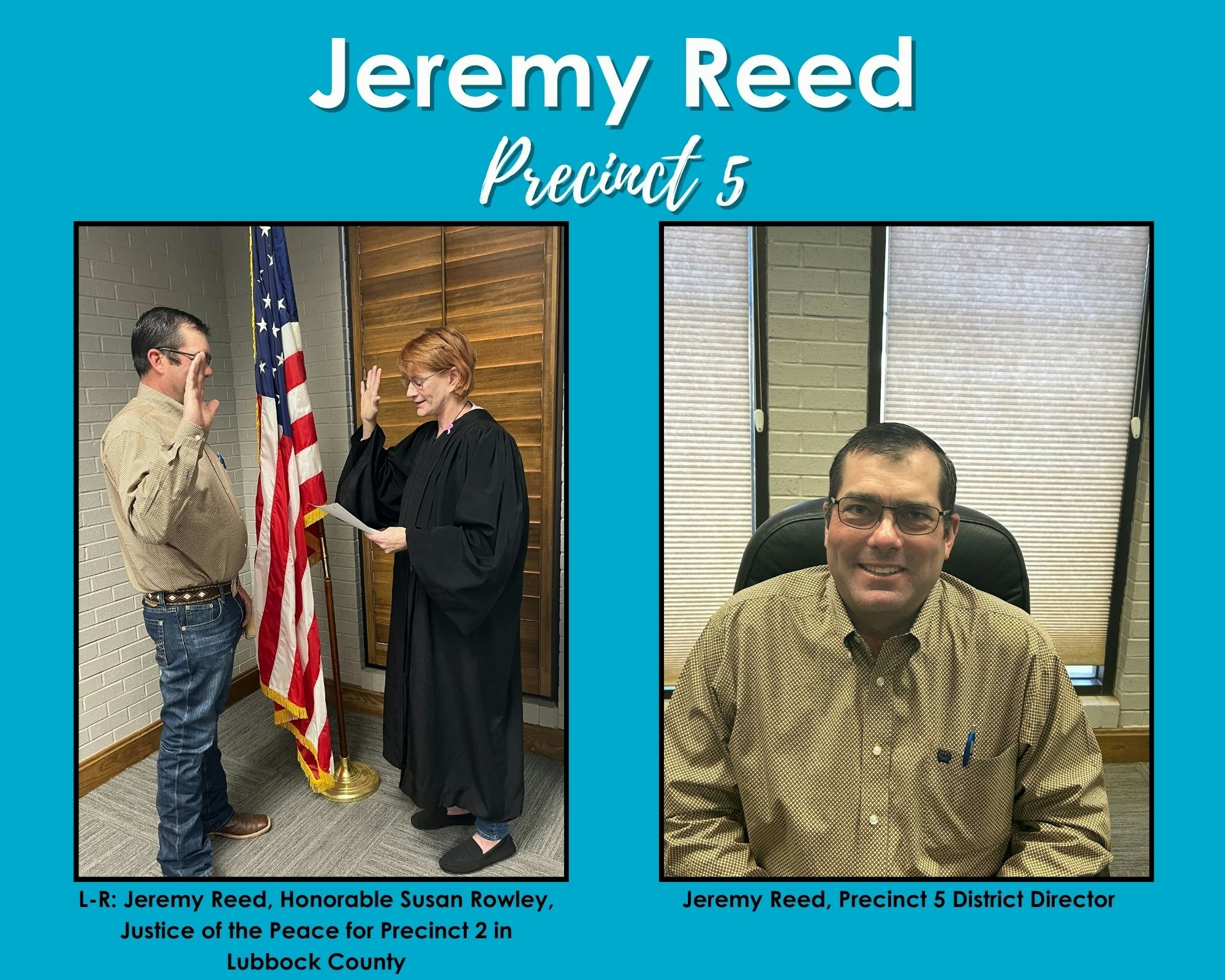 Jeremy Reed being sworn in for Precinct 5, with Justice of the Peace Susan Rowley, Lubbock County.