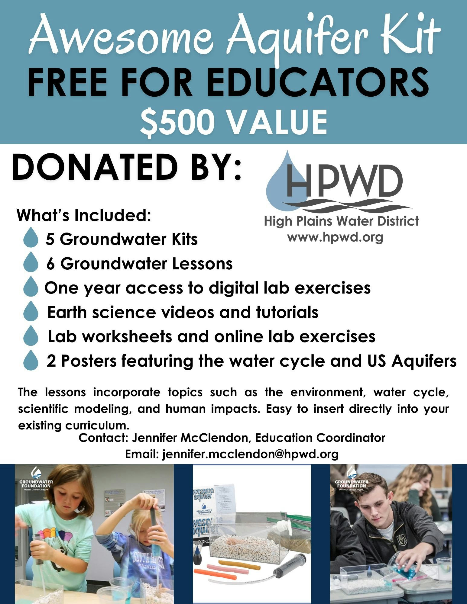 "Awesome Aquifer Kit free for educators by High Plains Water District. Includes kits, lessons, lab access, and posters. Contact info provided."