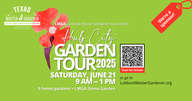 Hub City Garden Tour 2025 on June 21, 9 AM-1 PM. Features 5 gardens. Includes QR code for tickets and sponsor highlighted.