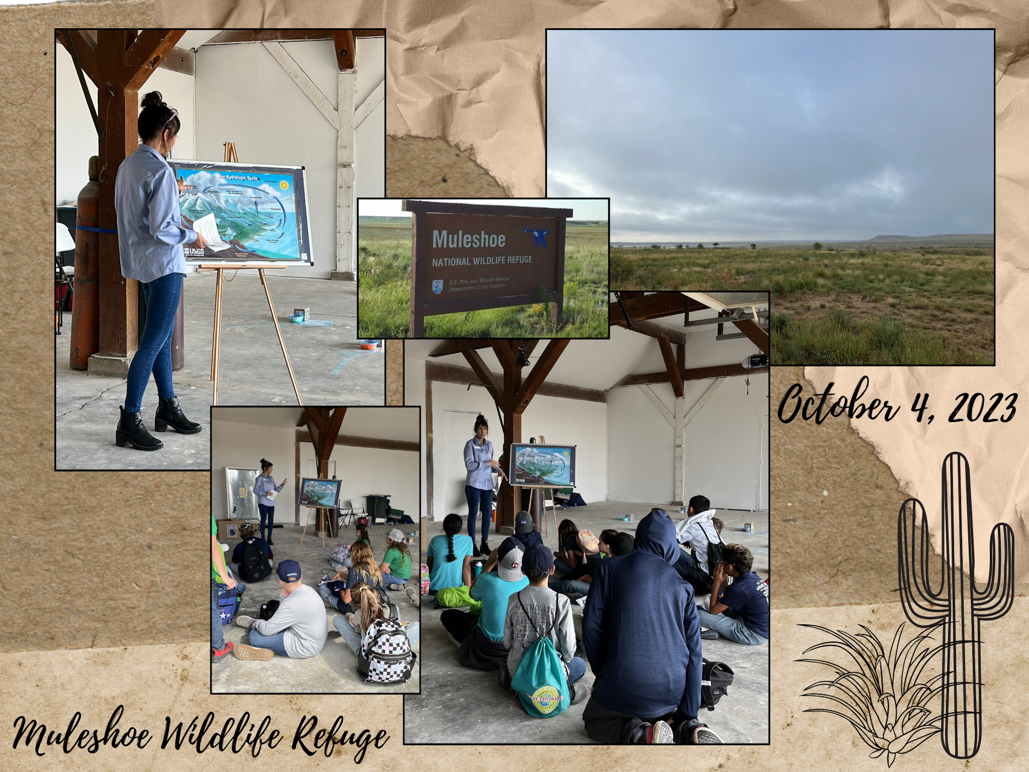 A guide presents to kids at Muleshoe Wildlife Refuge, showcasing the landscape and wildlife education on October 4, 2023.
