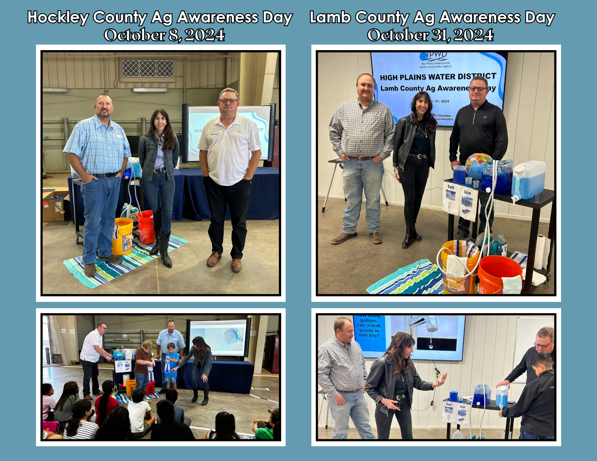 Collage of agricultural awareness events in Hockley and Lamb County, showing presentations and educational activities.