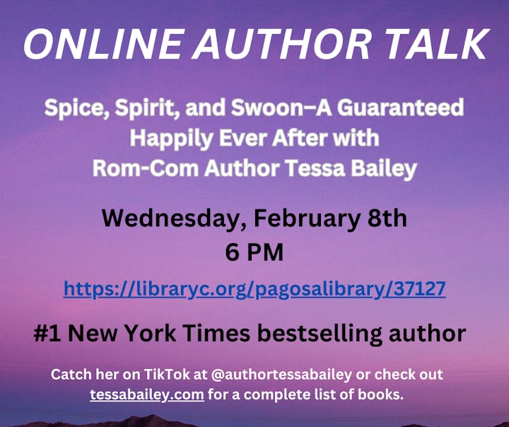 An ad for an online author talk with Rom-Com Author Tessa Bailey, on February 8th, 6 PM, with a URL for details.