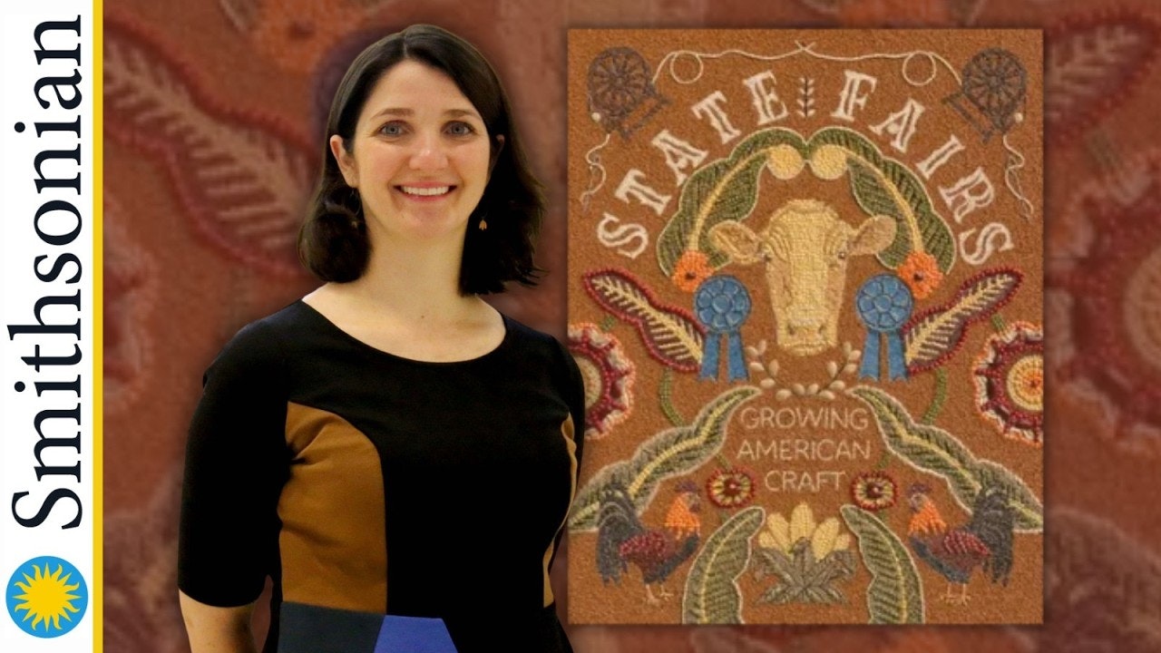 The image features a woman smiling next to an illustrated poster about state fairs, highlighting American craft.