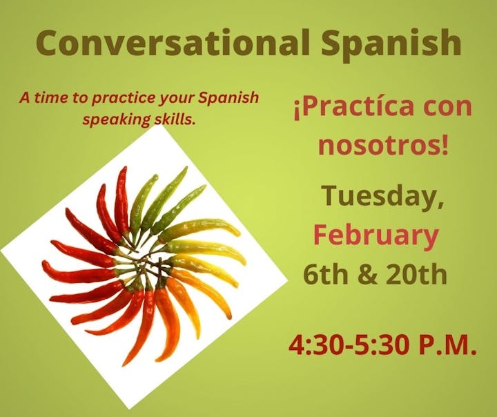 An advertisement for a Spanish conversation practice event on Tuesdays, featuring a colorful circle of chili peppers.