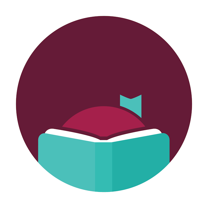 A stylized icon of an open book with a bookmark, set against a circular background.