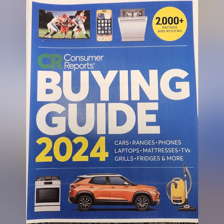 Consumer Reports Buying Guide 2024 with images of products like cars, electronics, and appliances. Over 2000 ratings and reviews featured.