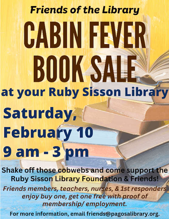 Cabin Fever Book Sale ad for Ruby Sisson Library with date, time, and special offers for members and responders.